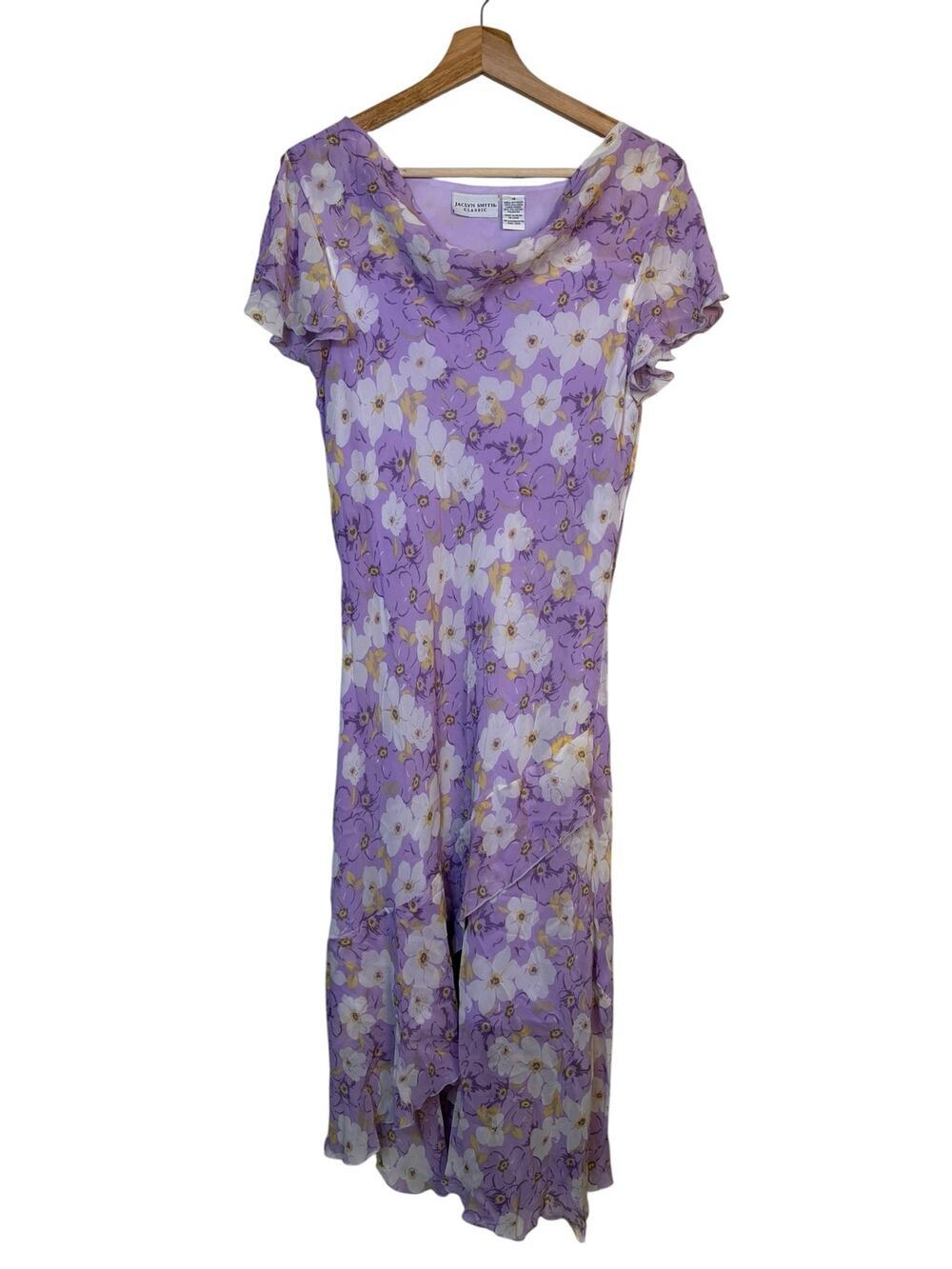 Jaclyn Smith 100% Silk Floral Midi Dress Sz 14 Purple Cowl Neck Cottagecore Y2K